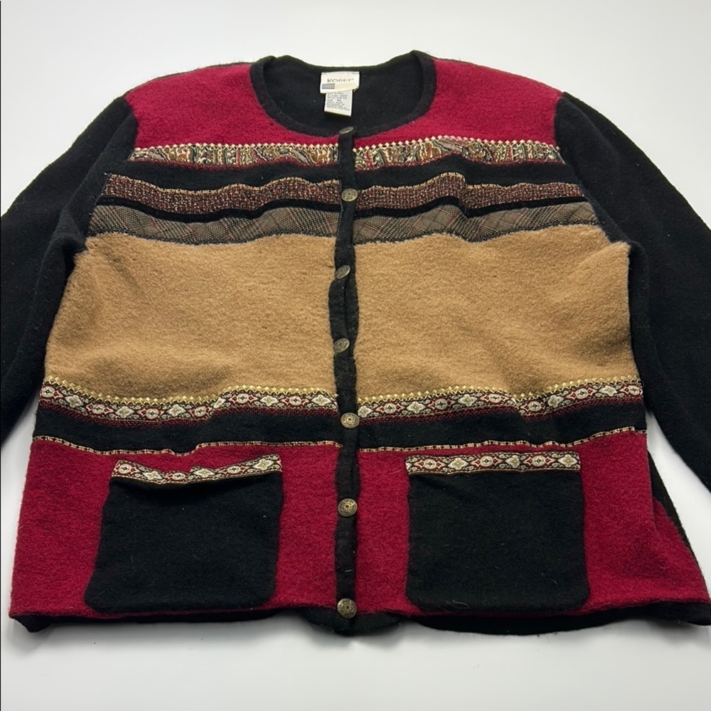 Vintage Koret Women's Button Front Cardigan Sweater Wool Multi Coloblock XL
